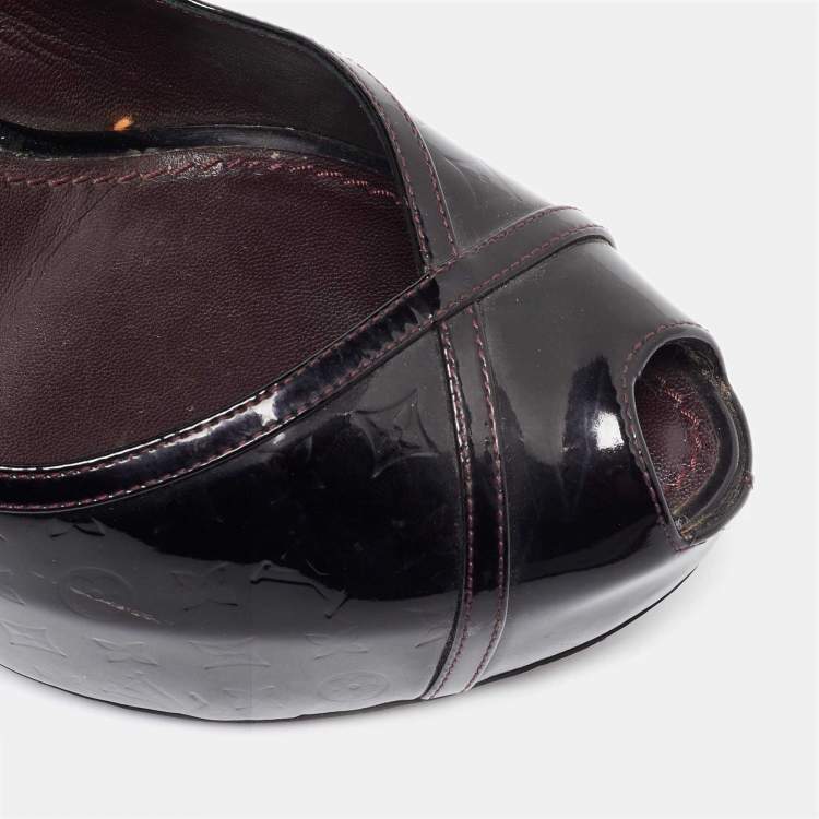Pre Owned Louis Vuitton Brown Monogram Embossed Patent Leather Tamara Slingback Pumps Size 39.5