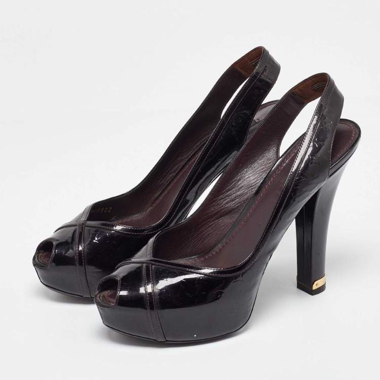 Pre Owned Louis Vuitton Brown Monogram Embossed Patent Leather Tamara Slingback Pumps Size 39.5