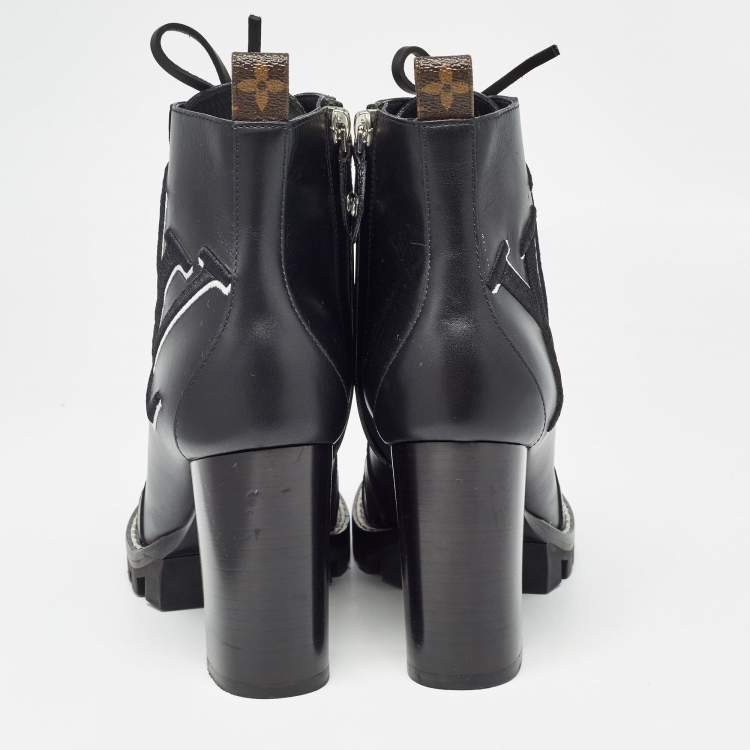 Pre Owned Louis Vuitton Black Leather Star Trail Block Heel Ankle Boots Size 39