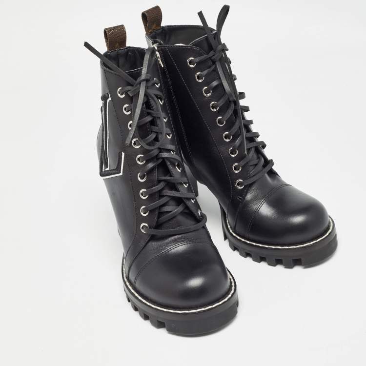 Pre Owned Louis Vuitton Black Leather Star Trail Block Heel Ankle Boots Size 39