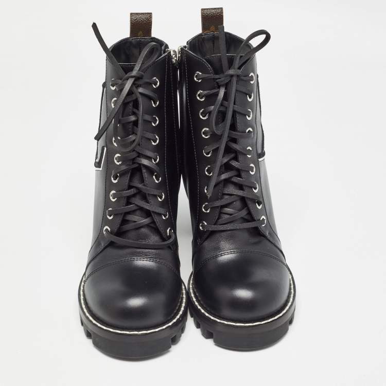 Pre Owned Louis Vuitton Black Leather Star Trail Block Heel Ankle Boots Size 39