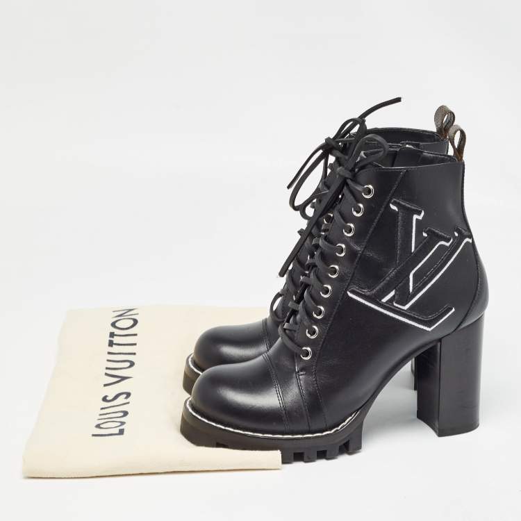 Pre Owned Louis Vuitton Black Leather Star Trail Block Heel Ankle Boots Size 39