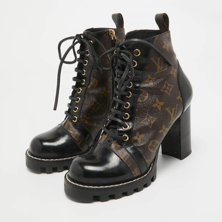 Pre Owned Louis Vuitton Black/Brown Coated Canvas and Leather Star Trail Block Heel Ankle Boots Size 39