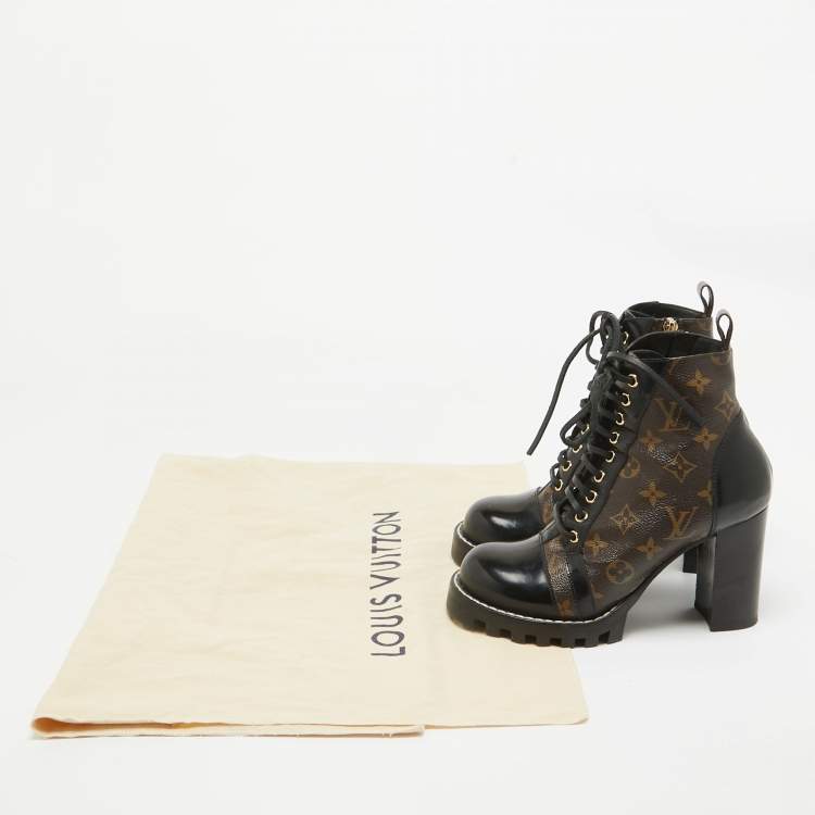 Pre Owned Louis Vuitton Black/Brown Coated Canvas and Leather Star Trail Block Heel Ankle Boots Size 39