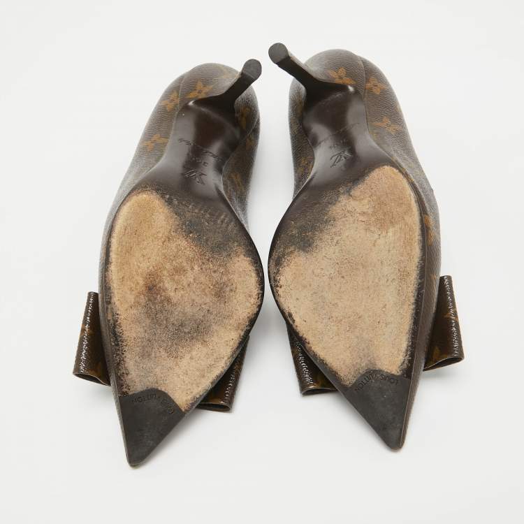 Pre Owned Louis Vuitton Brown Monogram Canvas Louise Bow Pointed Toe Pumps Size 36.5