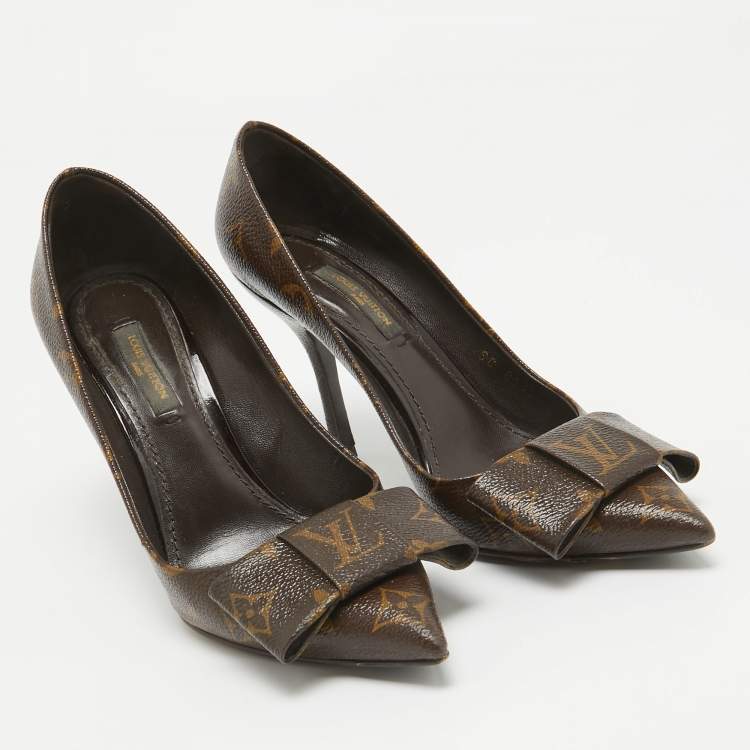 Pre Owned Louis Vuitton Brown Monogram Canvas Louise Bow Pointed Toe Pumps Size 36.5