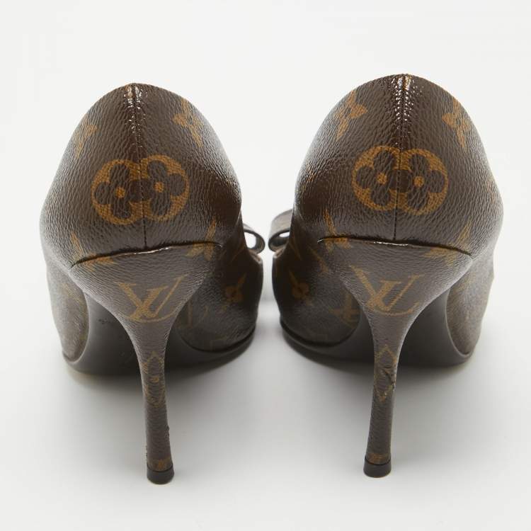 Pre Owned Louis Vuitton Brown Monogram Canvas Louise Bow Pointed Toe Pumps Size 36.5