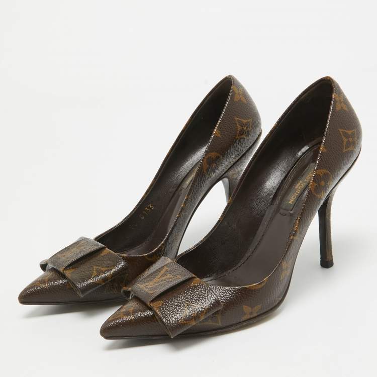 Pre Owned Louis Vuitton Brown Monogram Canvas Louise Bow Pointed Toe Pumps Size 36.5