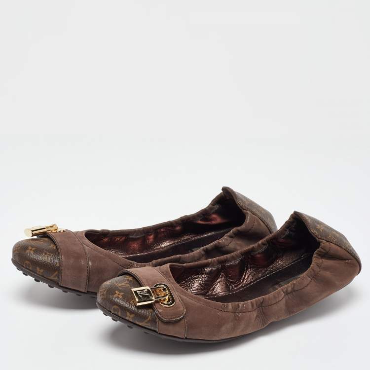 Pre Owned Louis Vuitton Brown Nubuck and Monogram Canvas Lucky Ballet Flats Size 39