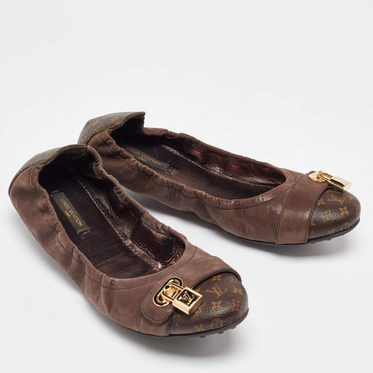 Pre Owned Louis Vuitton Brown Nubuck and Monogram Canvas Lucky Ballet Flats Size 39
