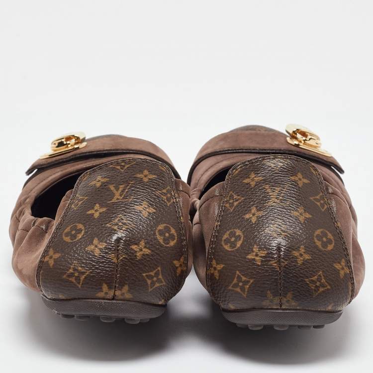 Pre Owned Louis Vuitton Brown Nubuck and Monogram Canvas Lucky Ballet Flats Size 39
