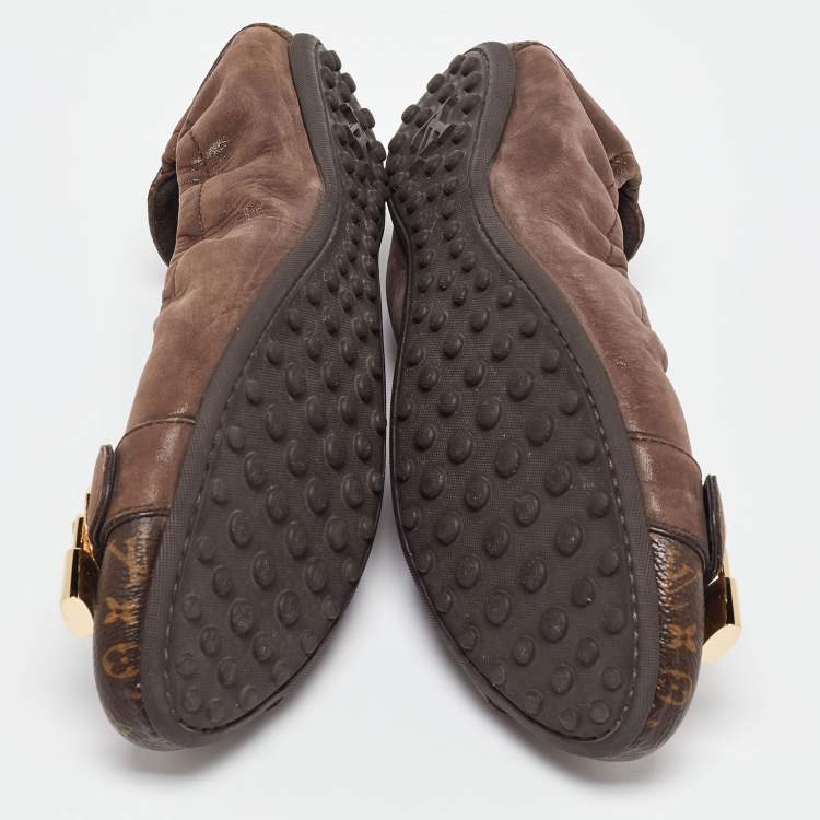 Pre Owned Louis Vuitton Brown Nubuck and Monogram Canvas Lucky Ballet Flats Size 39