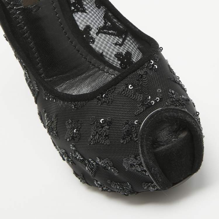 Pre Owned Louis Vuitton Black Mesh and Suede Peep Toe Pumps Size 35