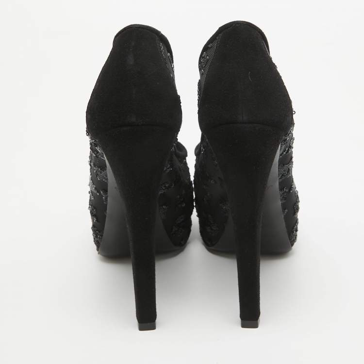 Pre Owned Louis Vuitton Black Mesh and Suede Peep Toe Pumps Size 35