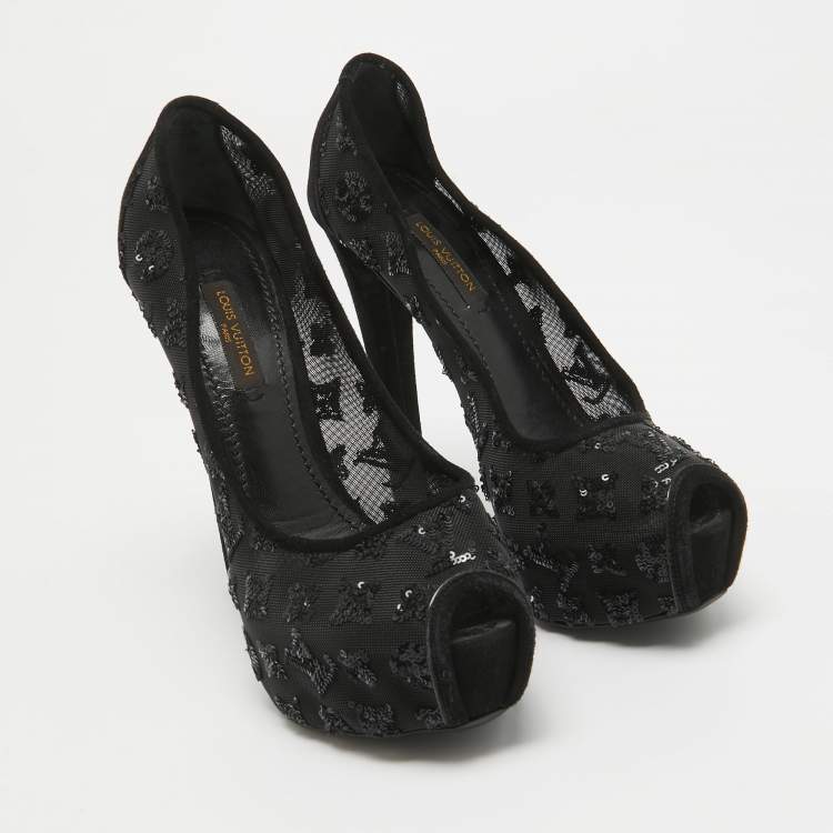Pre Owned Louis Vuitton Black Mesh and Suede Peep Toe Pumps Size 35