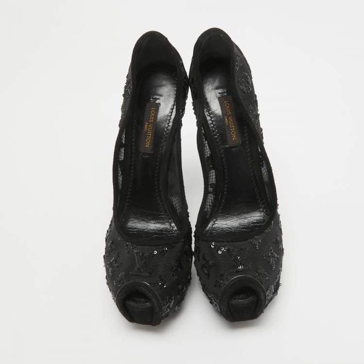 Pre Owned Louis Vuitton Black Mesh and Suede Peep Toe Pumps Size 35