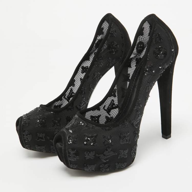 Pre Owned Louis Vuitton Black Mesh and Suede Peep Toe Pumps Size 35
