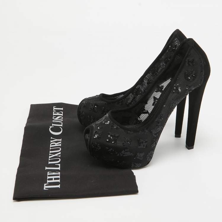 Pre Owned Louis Vuitton Black Mesh and Suede Peep Toe Pumps Size 35