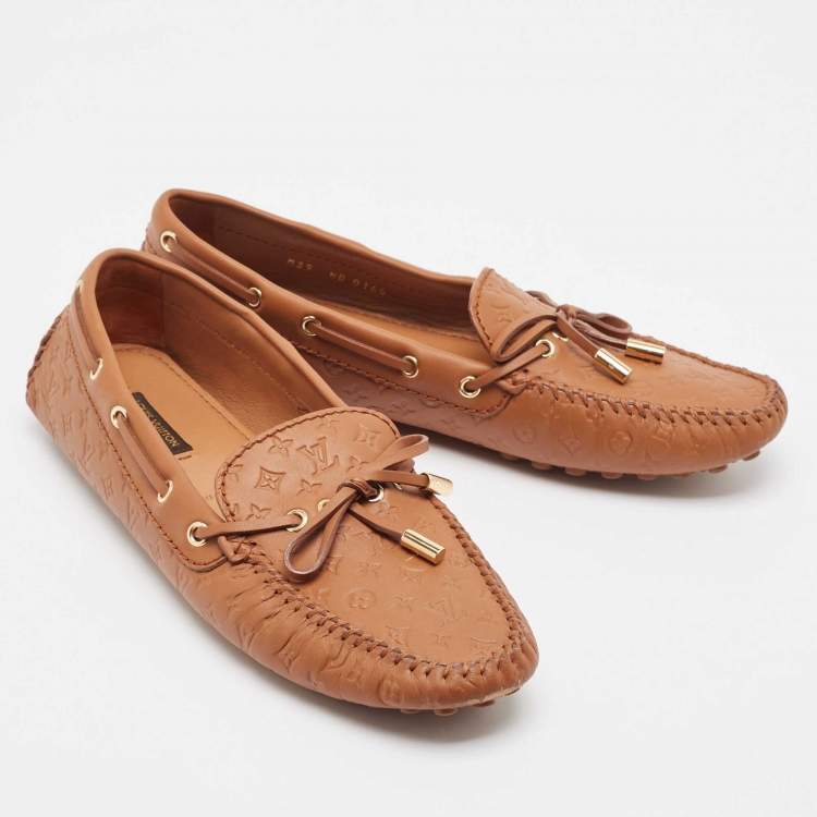 Pre Owned Louis Vuitton Brown Monogram Empreinte Leather Gloria Loafers Size 39
