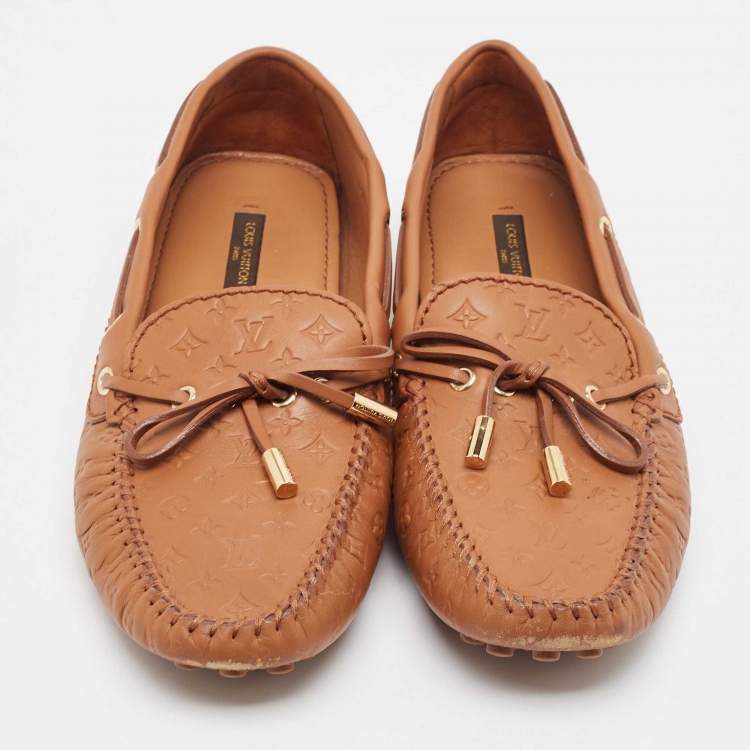 Pre Owned Louis Vuitton Brown Monogram Empreinte Leather Gloria Loafers Size 39