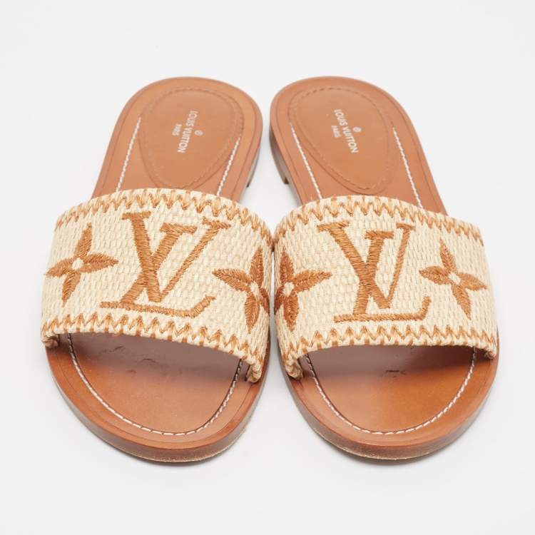 Pre Owned Louis Vuitton Brown/Beige Raffia Lock It Slides Size 38 