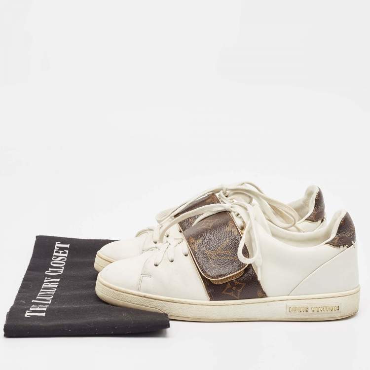 Pre Owned Louis Vuitton White/Brown Monogram Canvas and Leather Frontrow Sneakers Size 36