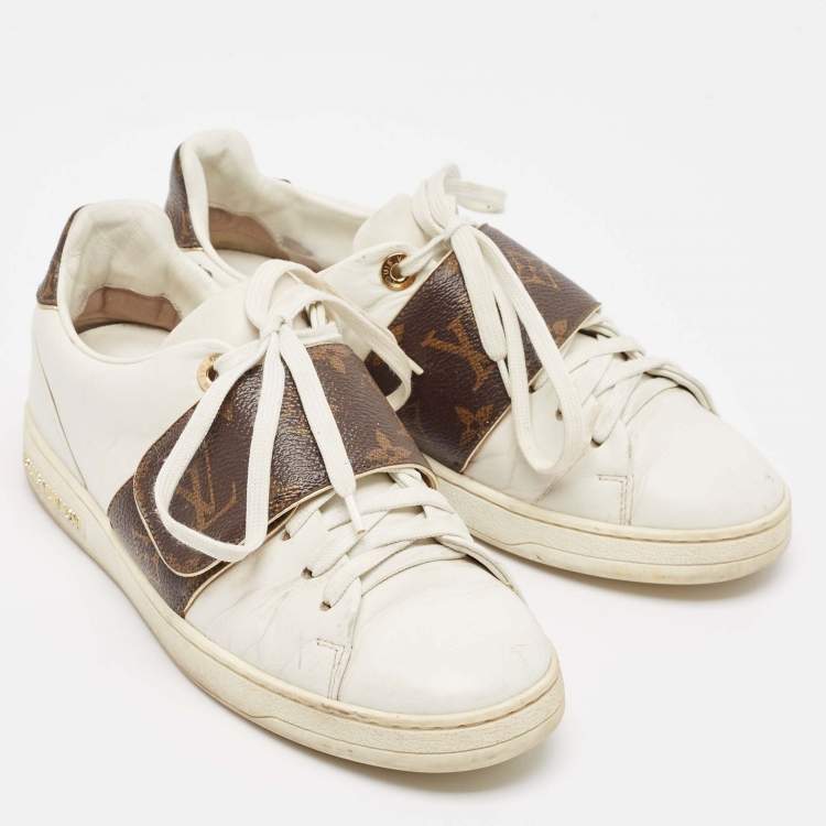 Pre Owned Louis Vuitton White/Brown Monogram Canvas and Leather Frontrow Sneakers Size 36