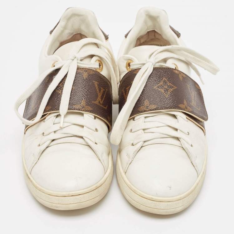 Pre Owned Louis Vuitton White/Brown Monogram Canvas and Leather Frontrow Sneakers Size 36
