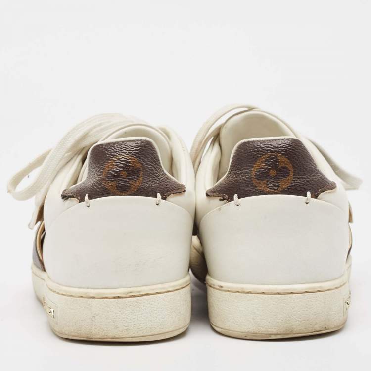 Pre Owned Louis Vuitton White/Brown Monogram Canvas and Leather Frontrow Sneakers Size 36