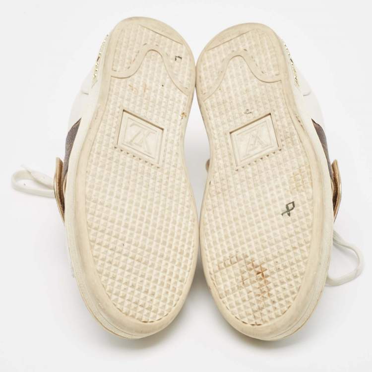 Pre Owned Louis Vuitton White/Brown Monogram Canvas and Leather Frontrow Sneakers Size 36