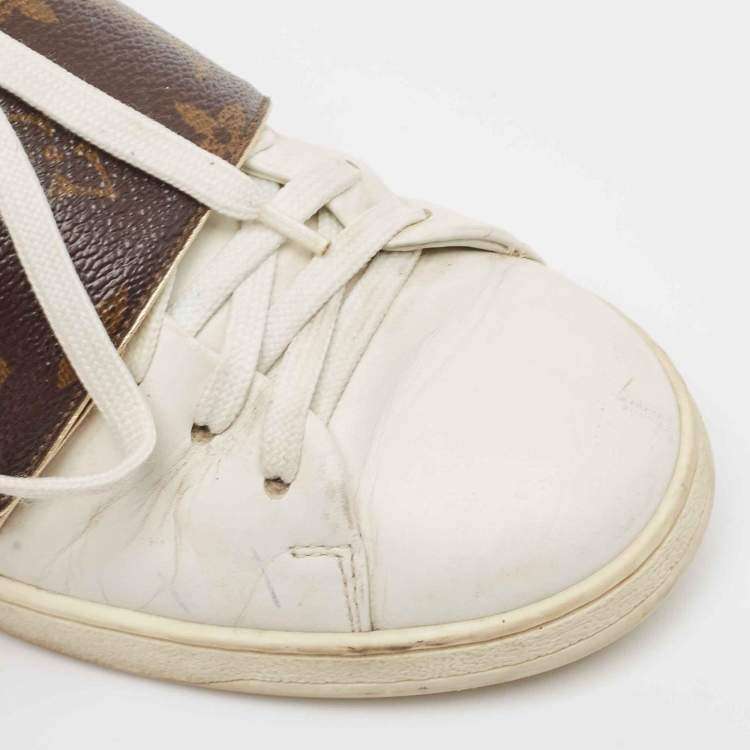 Pre Owned Louis Vuitton White/Brown Monogram Canvas and Leather Frontrow Sneakers Size 36