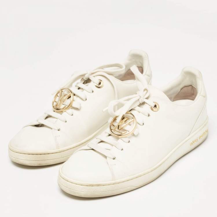 Pre Owned Louis Vuitton White Leather V Logo Lace Up Sneakers Size 36