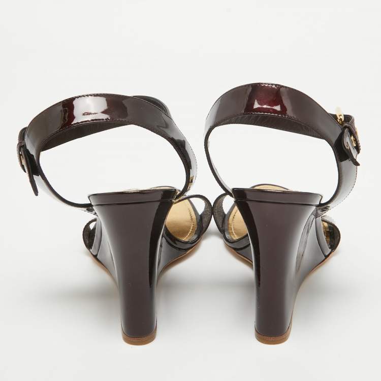 Pre Owned Louis Vuitton Burgundy Patent Leather Wedge Sandals Size 41