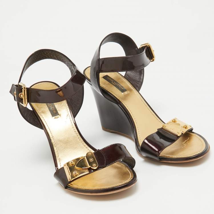 Pre Owned Louis Vuitton Burgundy Patent Leather Wedge Sandals Size 41