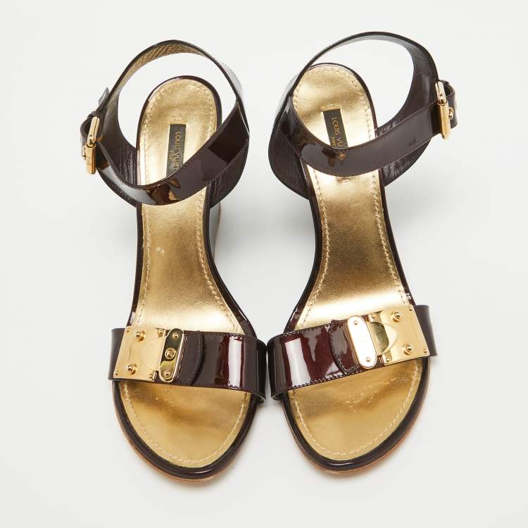 Pre Owned Louis Vuitton Burgundy Patent Leather Wedge Sandals Size 41