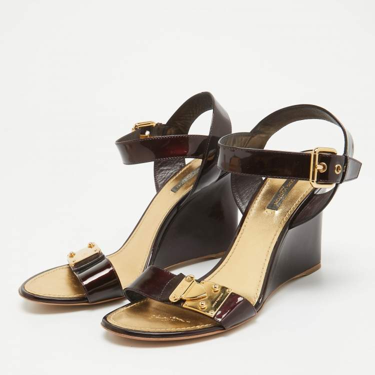 Pre Owned Louis Vuitton Burgundy Patent Leather Wedge Sandals Size 41