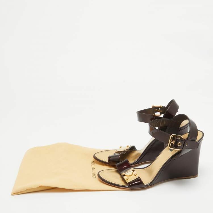 Pre Owned Louis Vuitton Burgundy Patent Leather Wedge Sandals Size 41