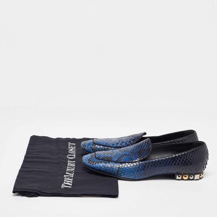 Pre Owned Louis Vuitton Blue/Black Python Studded Heel Loafers Size 37.5