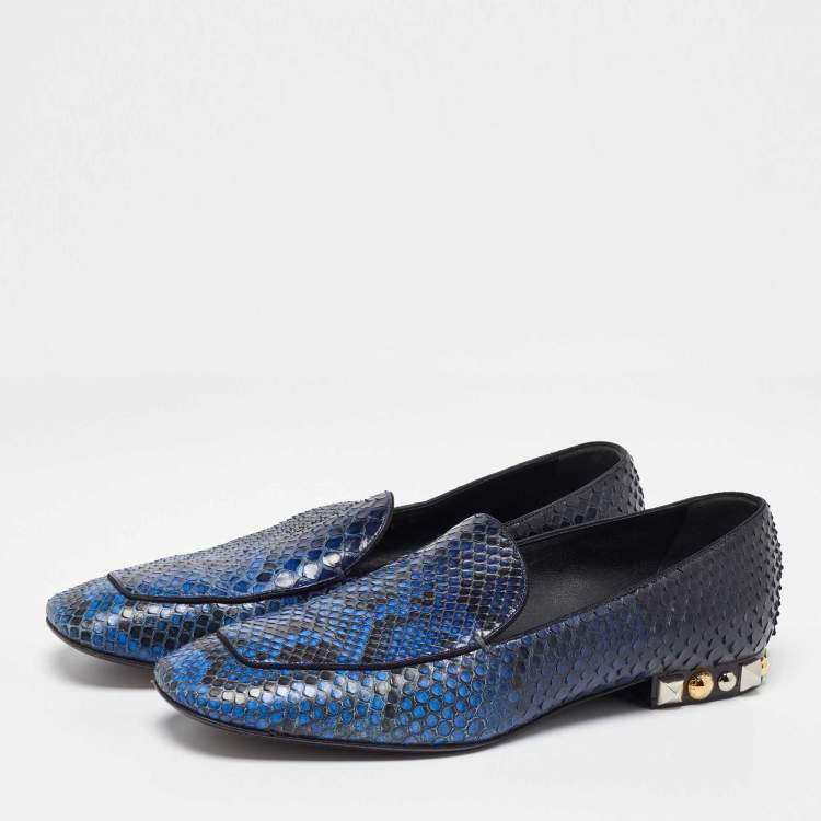 Pre Owned Louis Vuitton Blue/Black Python Studded Heel Loafers Size 37.5