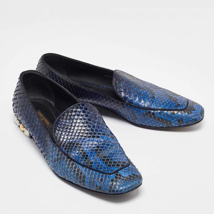 Pre Owned Louis Vuitton Blue/Black Python Studded Heel Loafers Size 37.5
