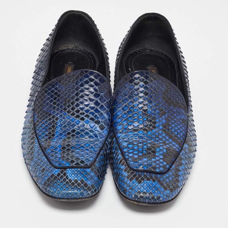 Pre Owned Louis Vuitton Blue/Black Python Studded Heel Loafers Size 37.5