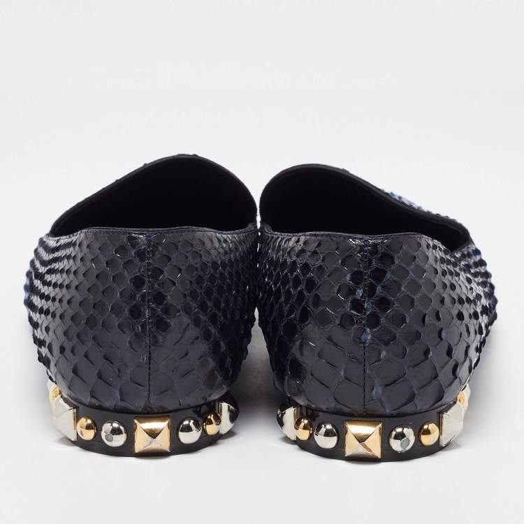 Pre Owned Louis Vuitton Blue/Black Python Studded Heel Loafers Size 37.5