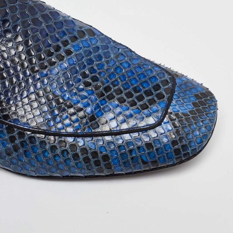 Pre Owned Louis Vuitton Blue/Black Python Studded Heel Loafers Size 37.5
