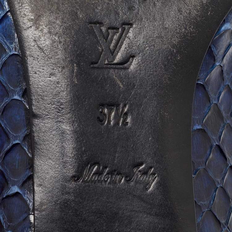 Pre Owned Louis Vuitton Blue/Black Python Studded Heel Loafers Size 37.5