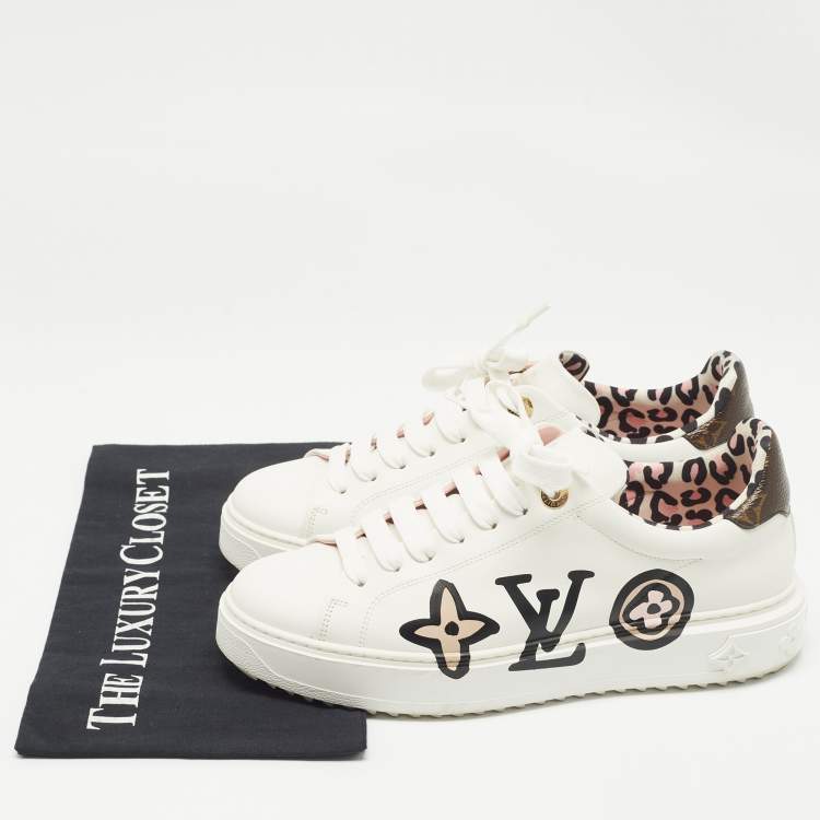 Pre Owned Louis Vuitton White Leather Graffiti Logo Low Top Sneakers Size 38.5