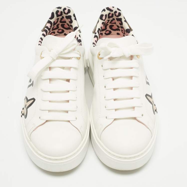 Pre Owned Louis Vuitton White Leather Graffiti Logo Low Top Sneakers Size 38.5