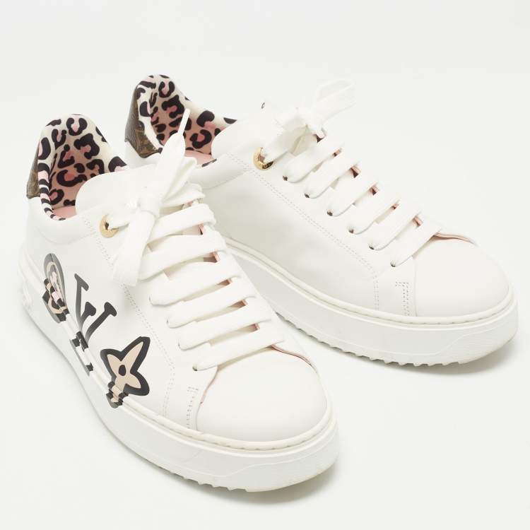 Pre Owned Louis Vuitton White Leather Graffiti Logo Low Top Sneakers Size 38.5