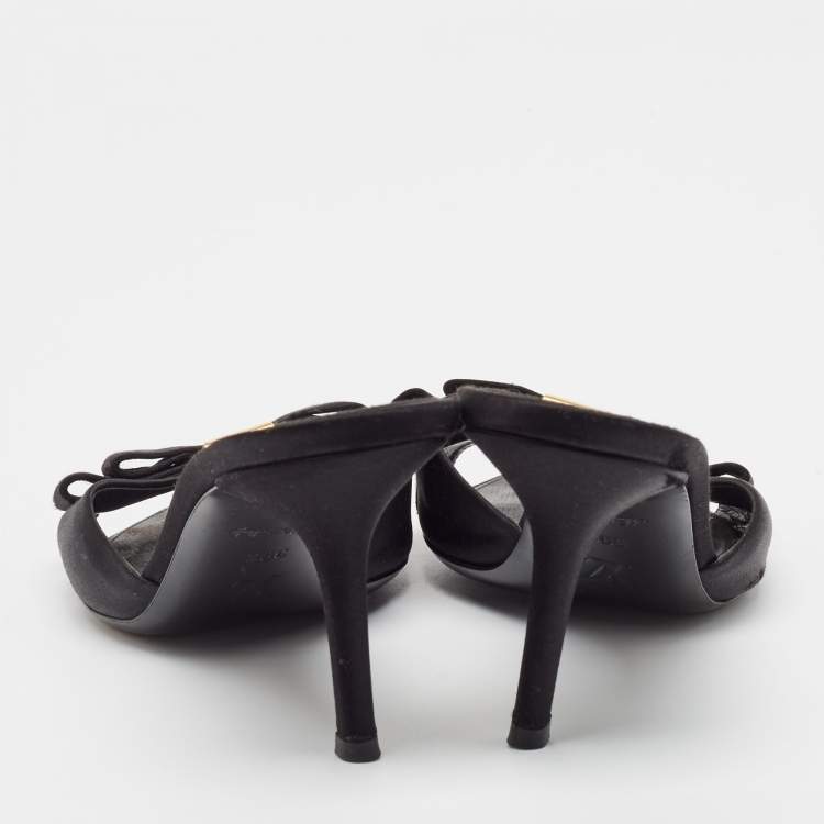 Pre Owned Louis Vuitton Black Satin Bow Slide Sandals Size 39.5