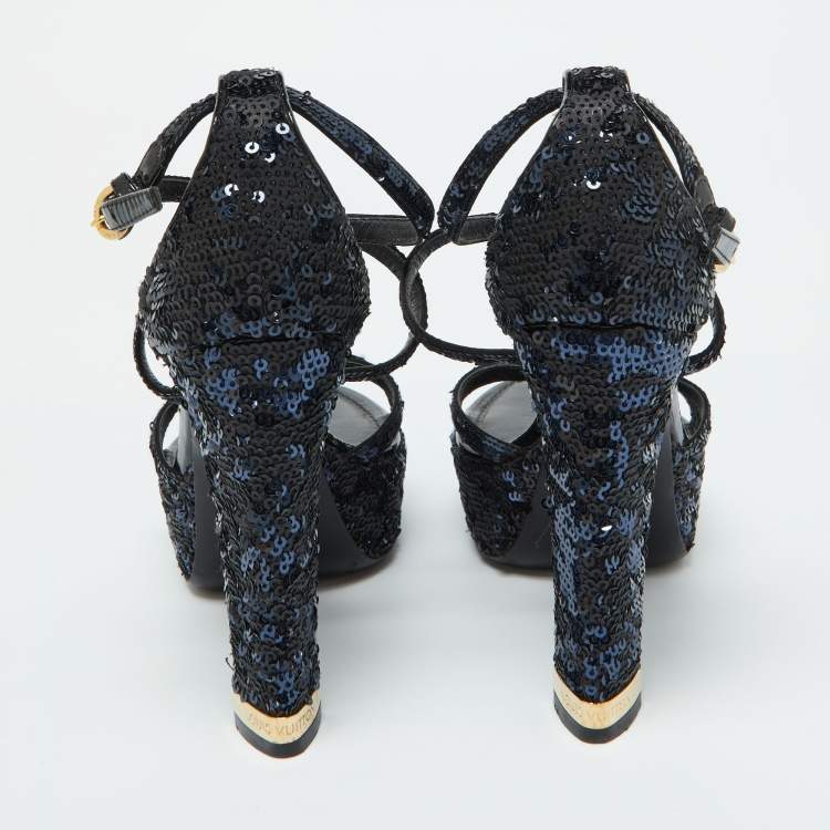 Pre Owned Louis Vuitton Black/Blue Sequins Platform Ankle Strap Sandals Size 36.5