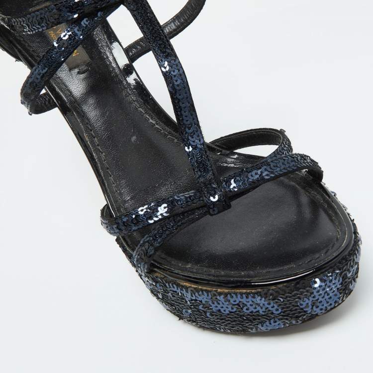 Pre Owned Louis Vuitton Black/Blue Sequins Platform Ankle Strap Sandals Size 36.5